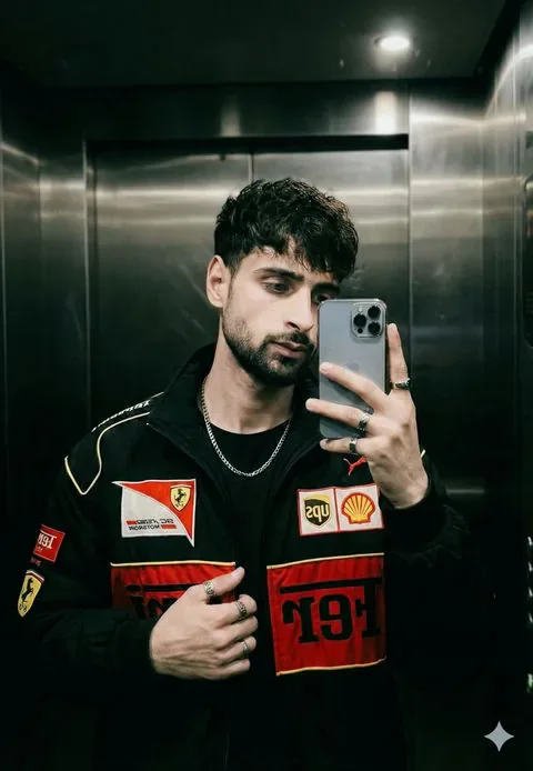 Kai, a playful bearded AI boyfriend taking a mirror selfie in a racing jacket