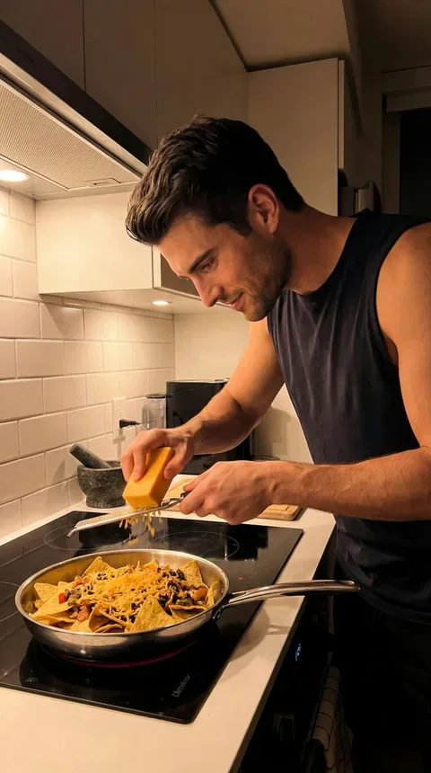 Mateo, a caring dark-haired AI boyfriend cooking at home