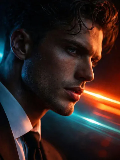 Mysterious dark-haired AI boyfriend in a formal suit under neon light