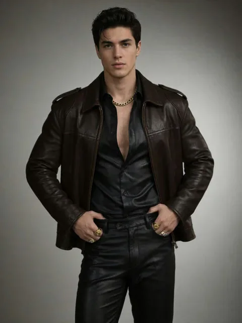 Confident dark-haired AI boyfriend in a black leather jacket